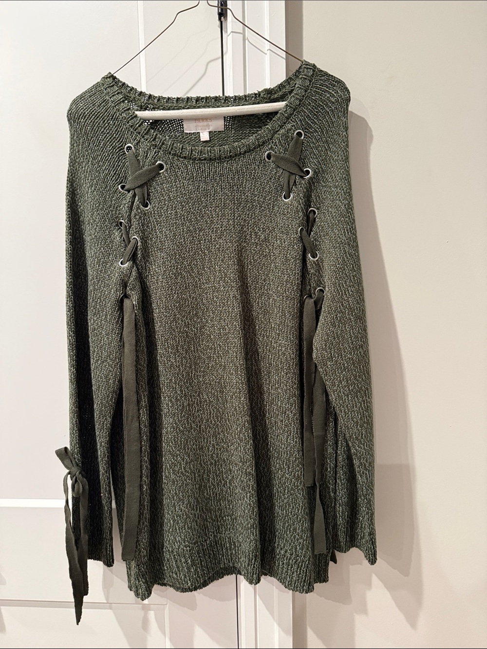 Audrey Parks Lace-Up Side Tie Crewneck Sweater in Olive Green